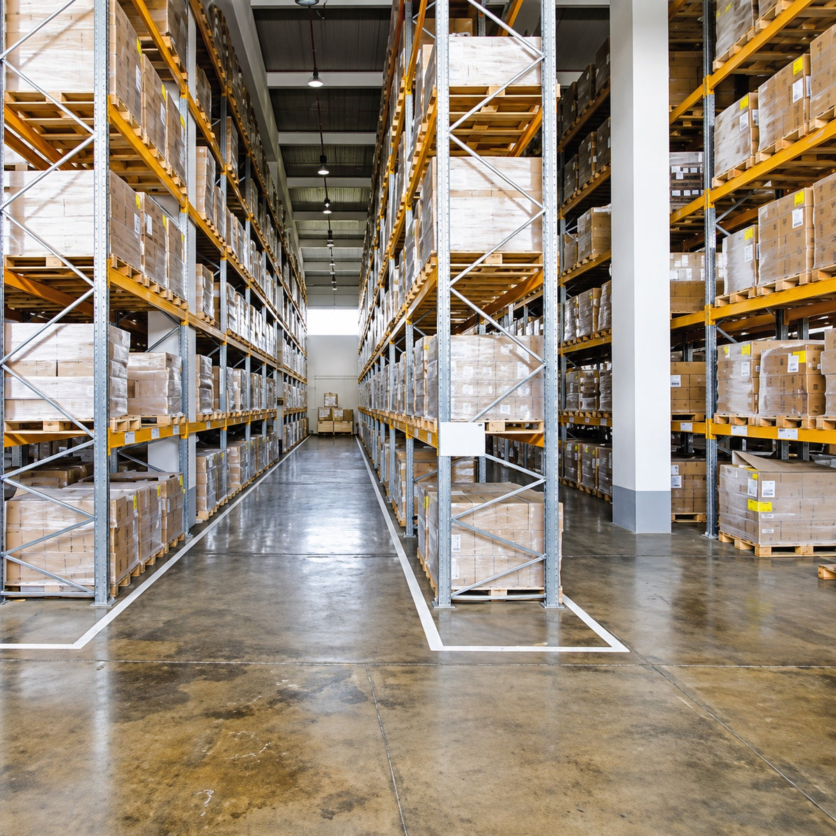 Warehouse aisle with tall pallet racks stacked with boxed stone and tile