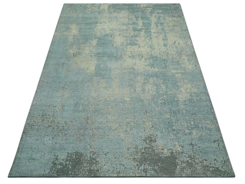 Abstract Design Blue, Beige And Gray 8x10 Hand Knotted Wool and Bamboo Silk Rug by The Rug Decor