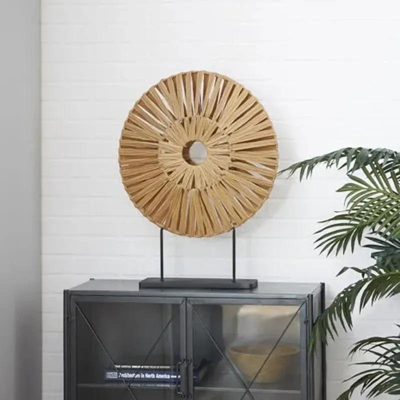 Natural Woven Rattan Circle Sculpture on Stand for Modern Home Decor by House Of Avana