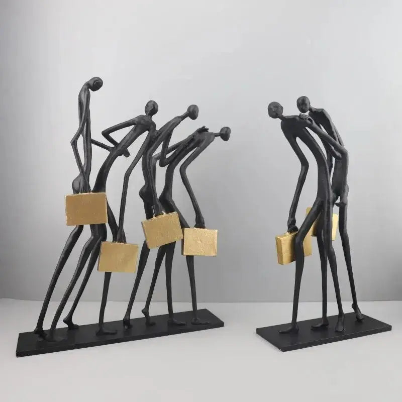 Abstract Walking Figures Sculpture with Gold Briefcases for Your Home by House Of Avana