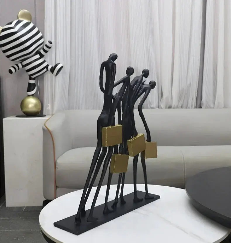 Abstract Walking Figures Sculpture with Gold Briefcases for Your Home by House Of Avana