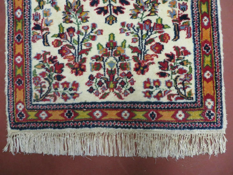 Small Persian Rug 2 x 3, Tiny Persian Sarouk Carpet, Cream Navy Blue Red, Floral Medallion, Vintage Wool Rug, Handmade Hand-Knotted Oriental Rug by Jewel Rugs
