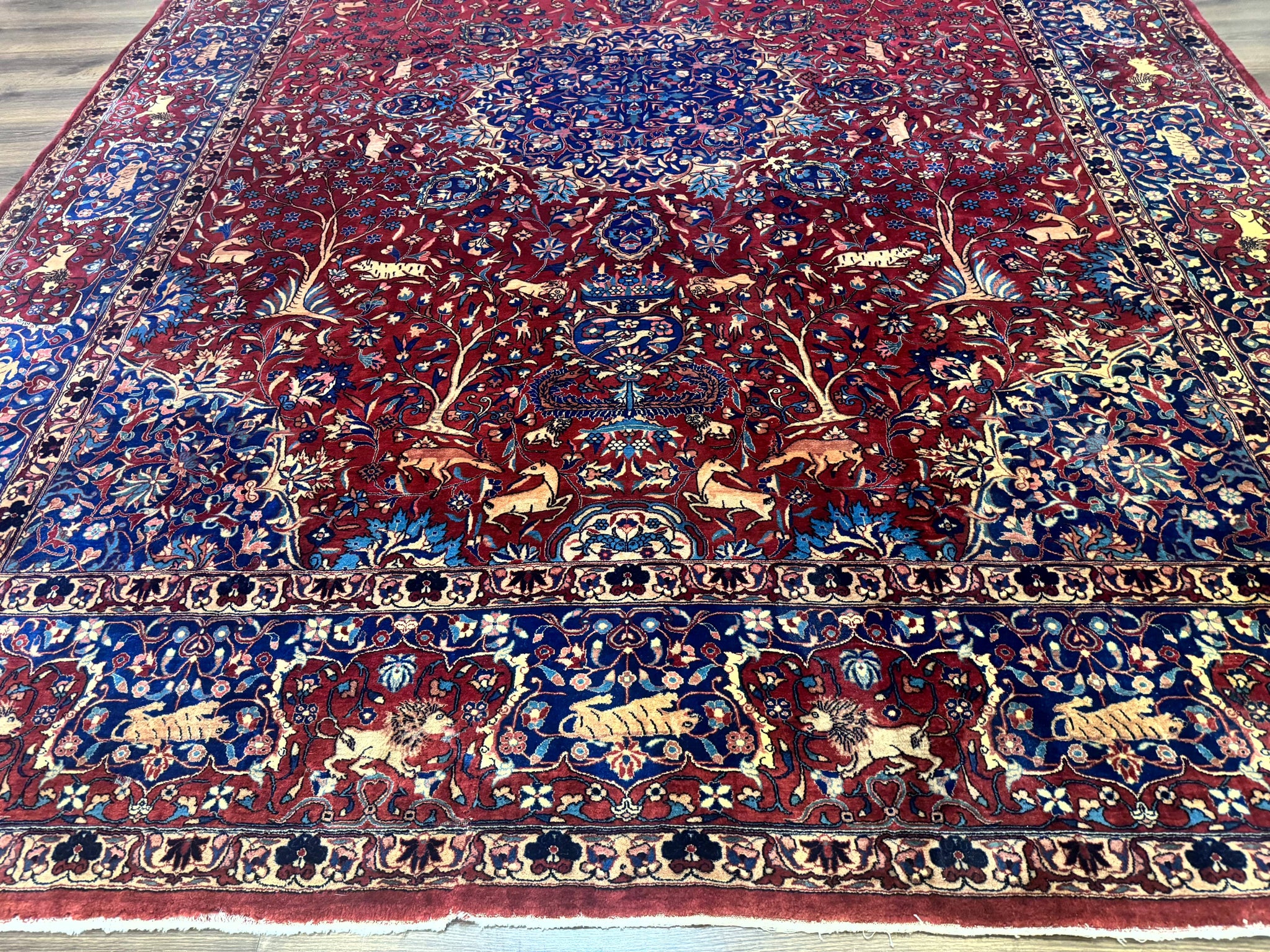 Antique Indo Persian Kerman Rug 9x12 Red Manchester Wool Animal Pictorials, Fine 290 KPSI by Jewel Rugs