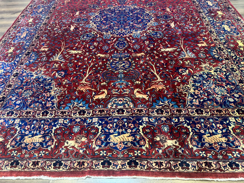 Antique Indo Persian Kerman Rug 9x12 Red Manchester Wool Animal Pictorials, Fine 290 KPSI by Jewel Rugs