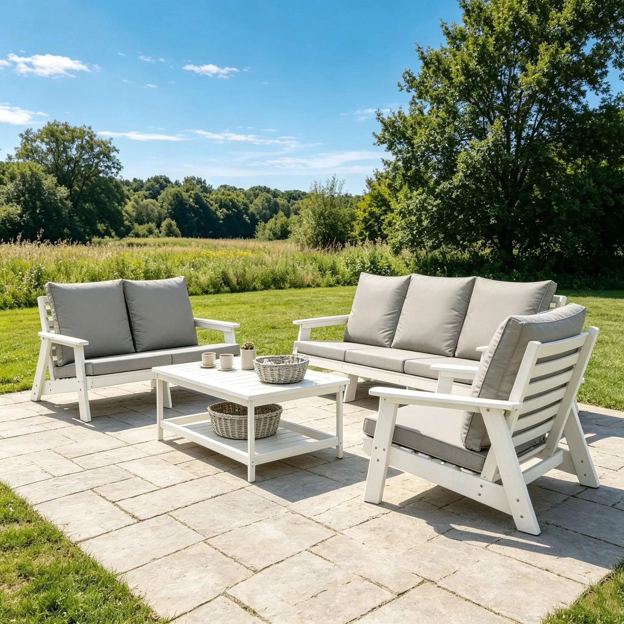 HIPS Loveseat with Cushion, Wood Grain Outdoor Garden Sofa by HouseOfZazla