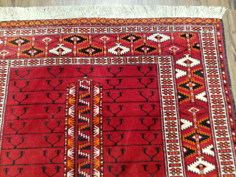 Antique Persian Turkoman Rug 4x5, Hatchli Tekkeh Ersari Red Tribal Rug, Handmade Wool Oriental Carpet, Four Seasons Rug by Jewel Rugs