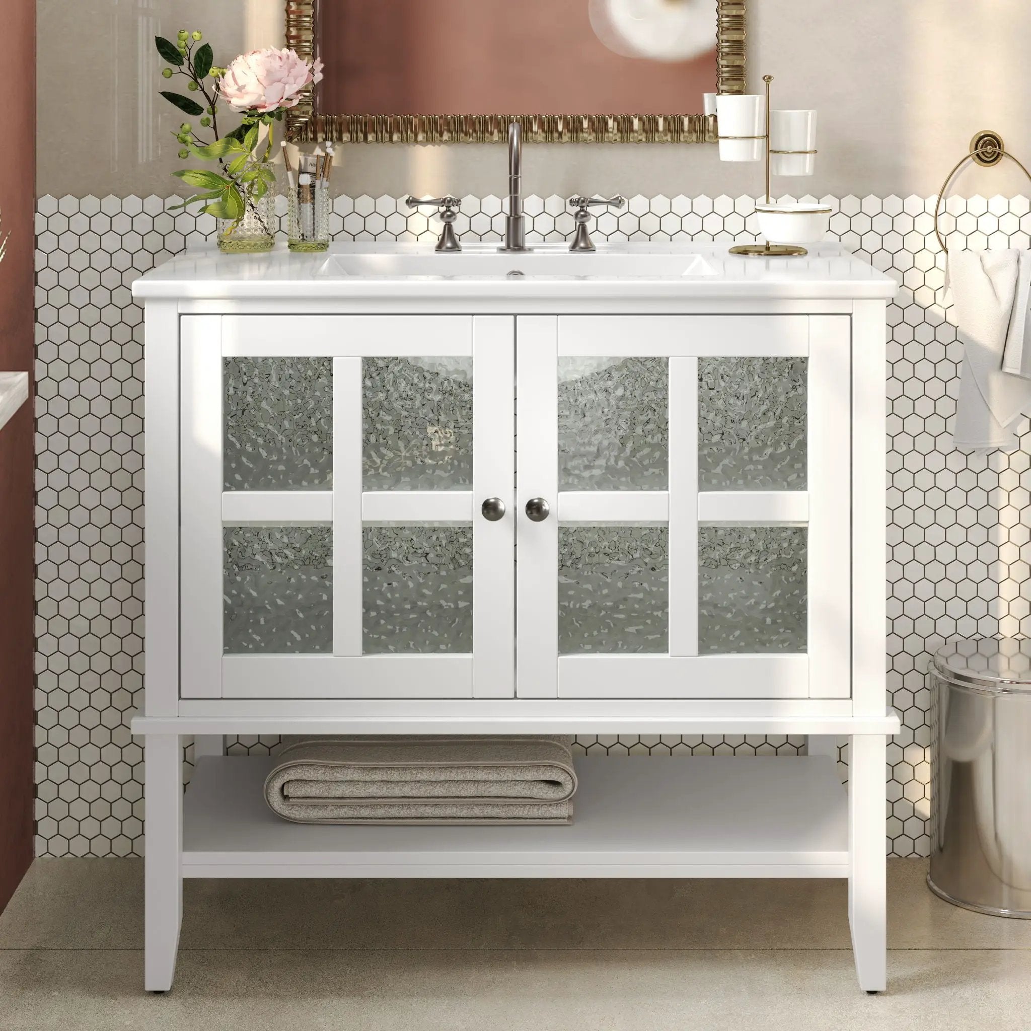 Bathroom Vanity With Ceramic Sink, Adjustable & Open Shelf by HouseOfZazla