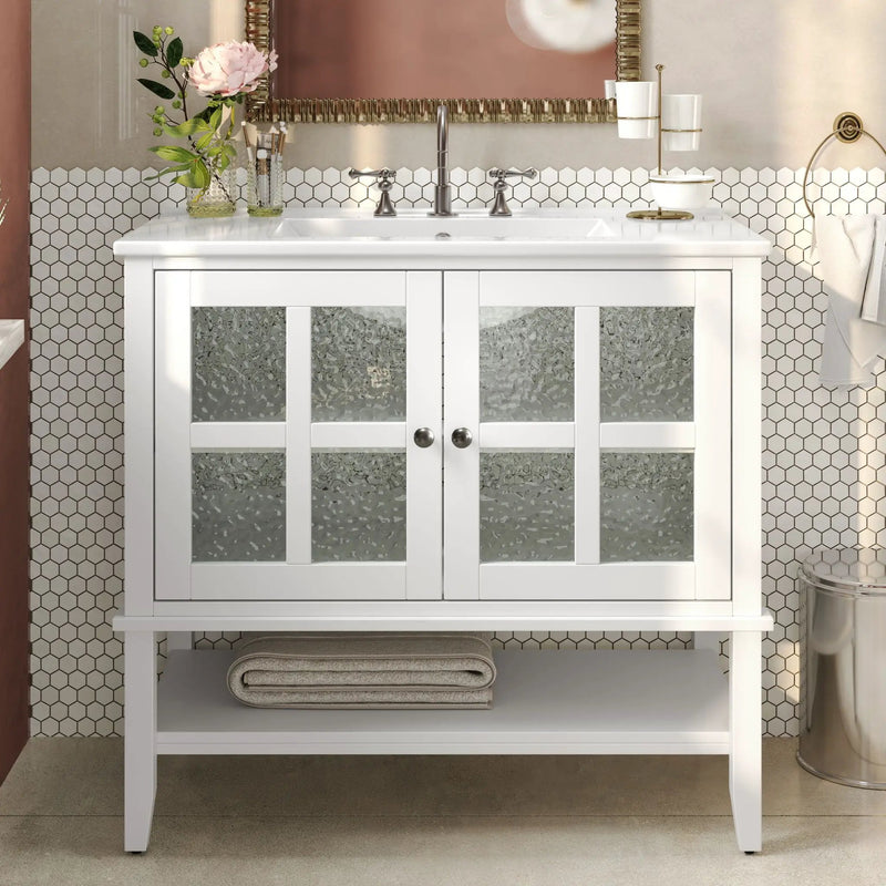 Bathroom Vanity With Ceramic Sink, Adjustable & Open Shelf by HouseOfZazla