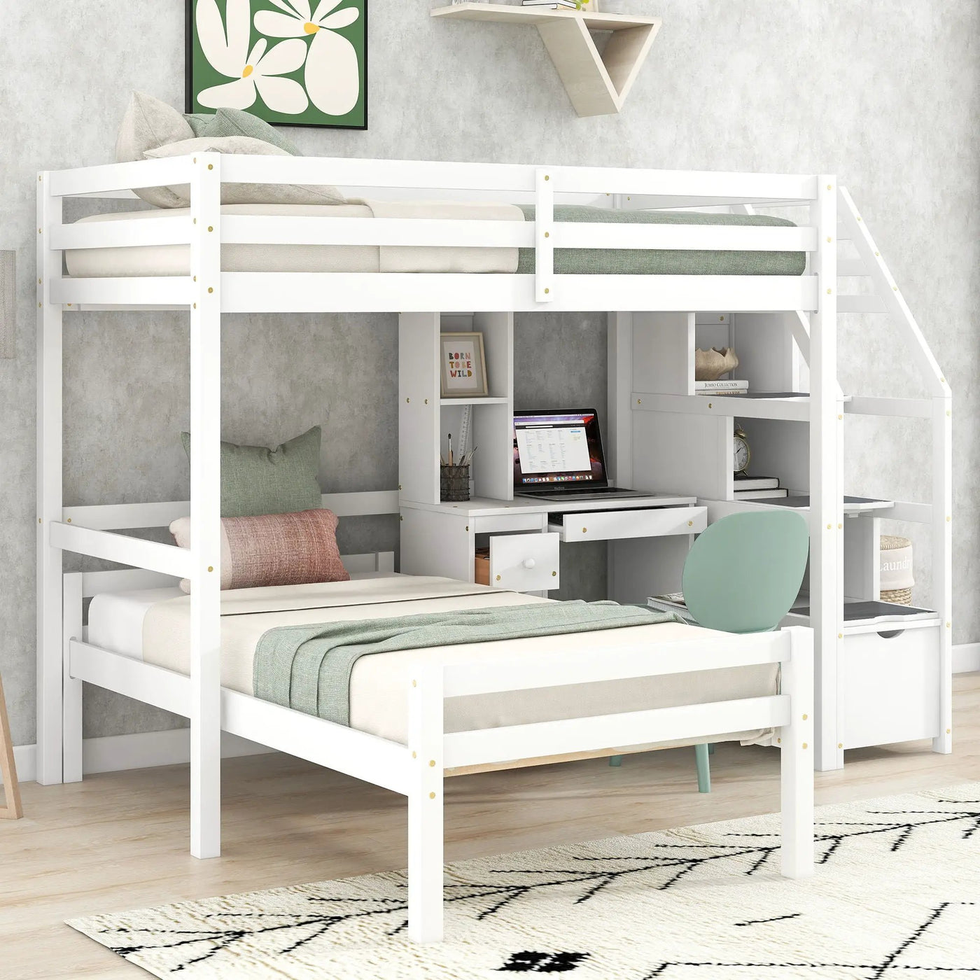 Loft Bed With Stand Alone Bed, Storage Staircase, Desk, Shelves, And Drawers by HouseOfZazla