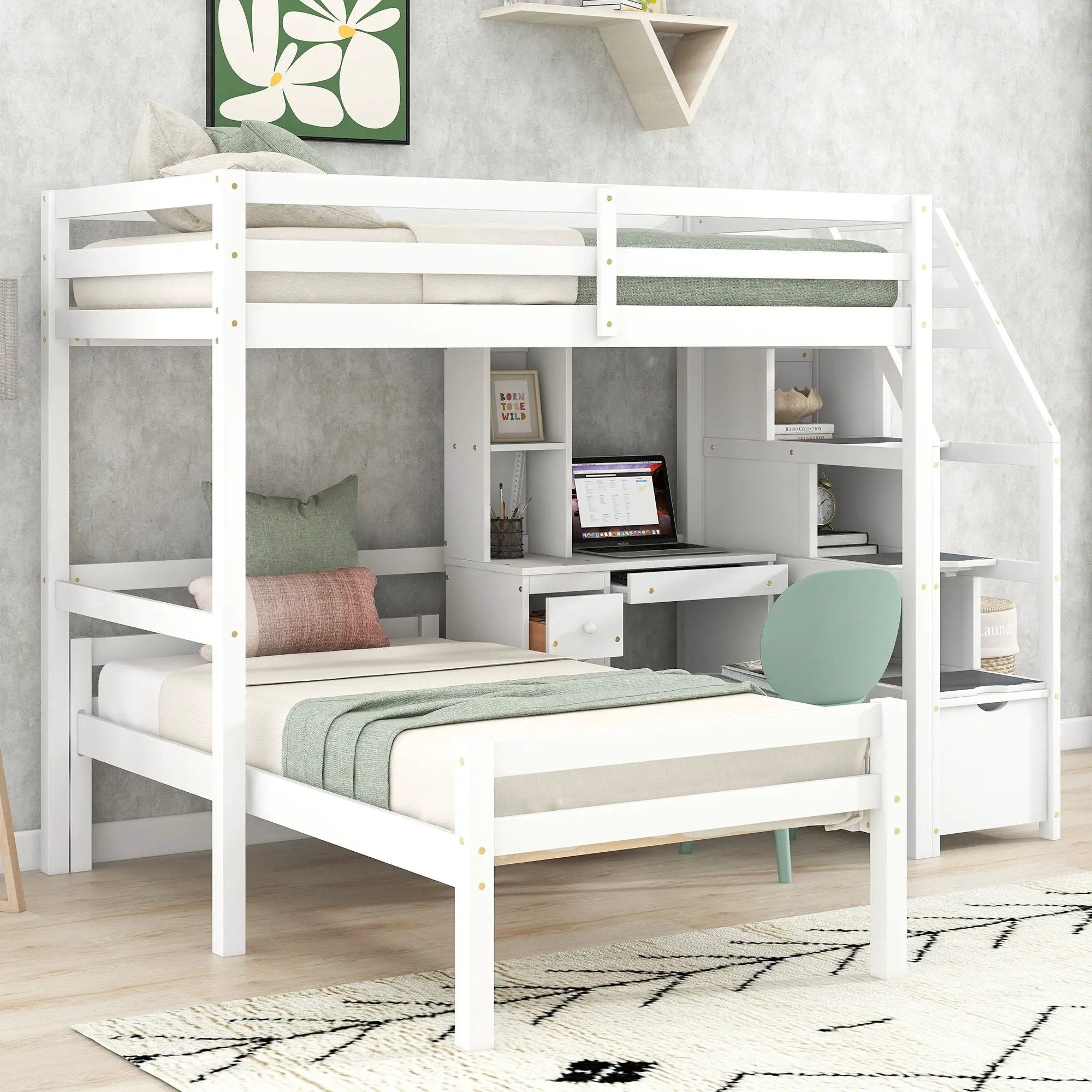 Loft Bed With Stand Alone Bed, Storage Staircase, Desk, Shelves, And Drawers by Unique Piece Furniture