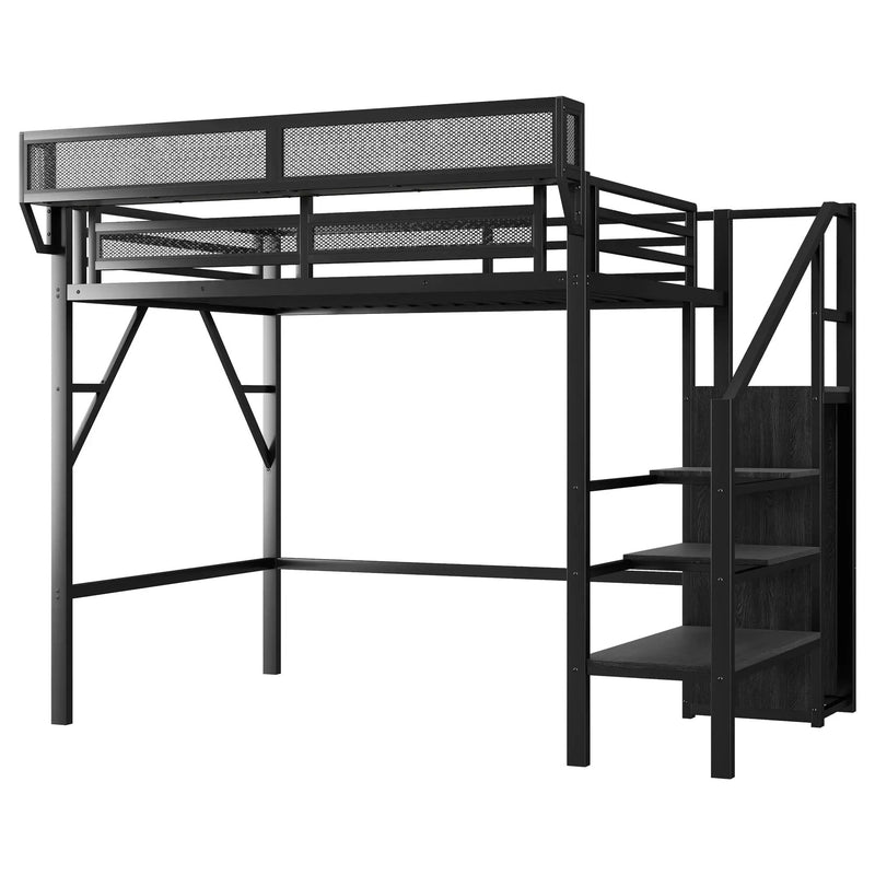 Twin Size Loft Bed with Stairs, Metal Full Loft Bed with Storage Shelves by HouseOfZazla