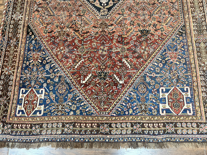 Antique Persian Shiraz Tribal Rug 6x8, Geometric Rug, Wool Handmade Hand Knotted Carpet, Red Blue by Jewel Rugs