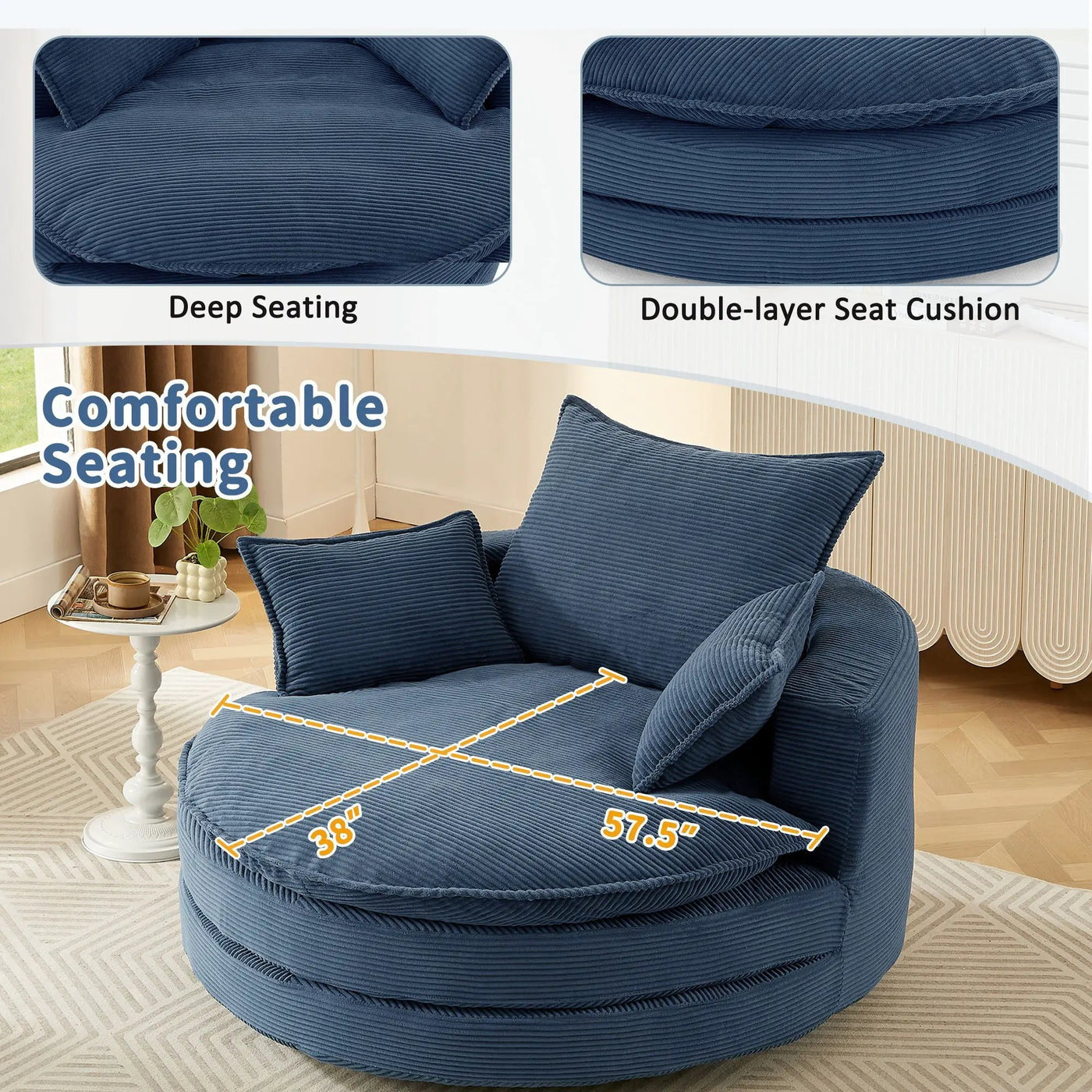 360° Swivel Accent Barrel Chair With Dual Layer Cushion And 3 Removable Pillows by Unique Piece Furniture