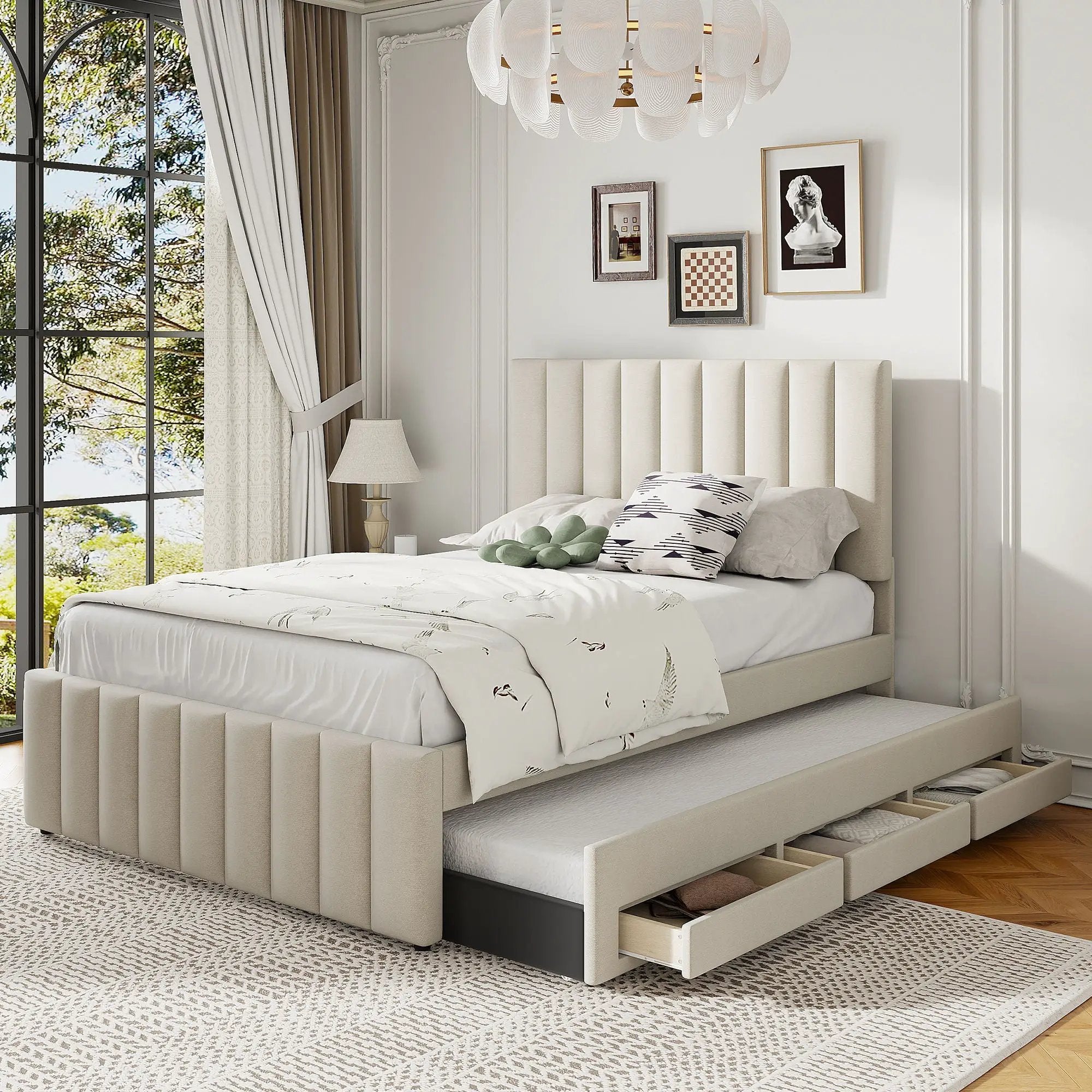 Upholstered Platform Bed With Twin Size Trundle And 3 Drawers by HouseOfZazla