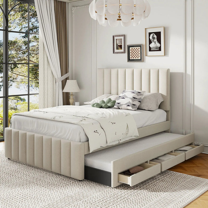Upholstered Platform Bed With Twin Size Trundle And 3 Drawers by HouseOfZazla