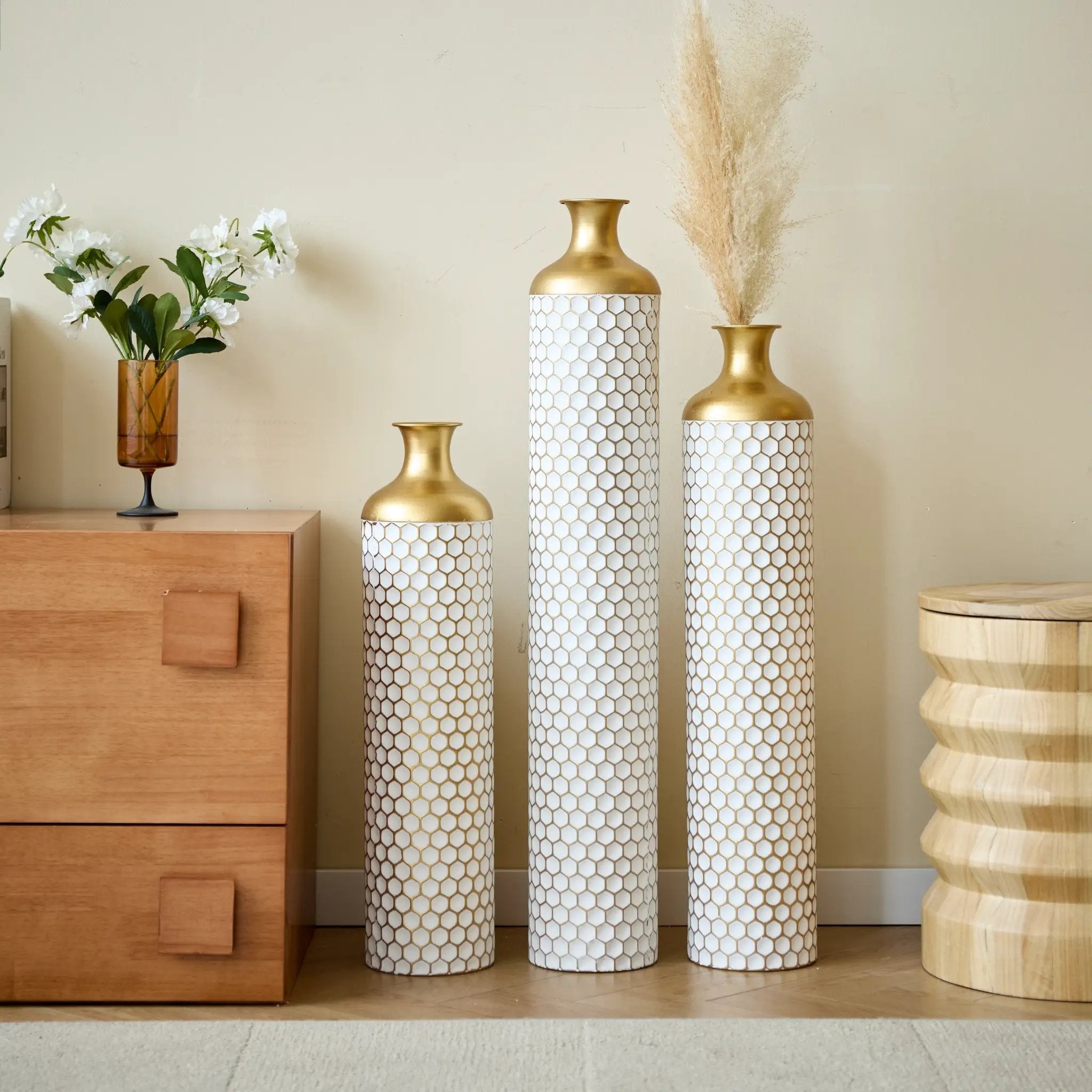 3-Piece Modern Metal Vase Set - White & Gold by HouseOfZazla