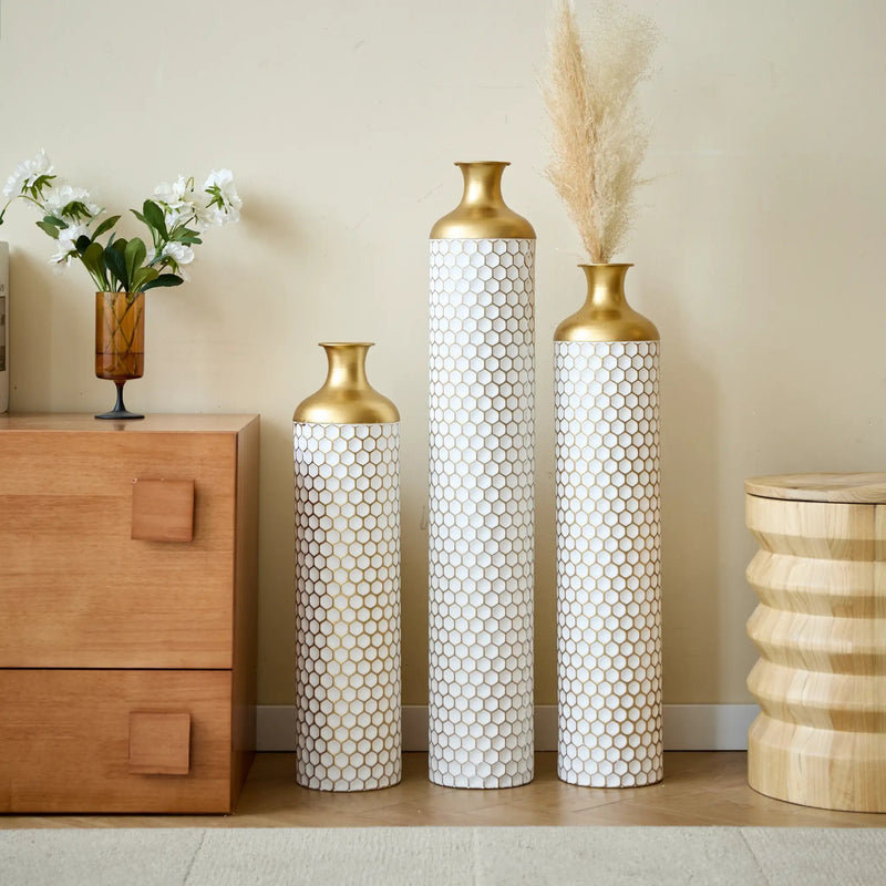 3-Piece Modern Metal Vase Set - White & Gold by HouseOfZazla