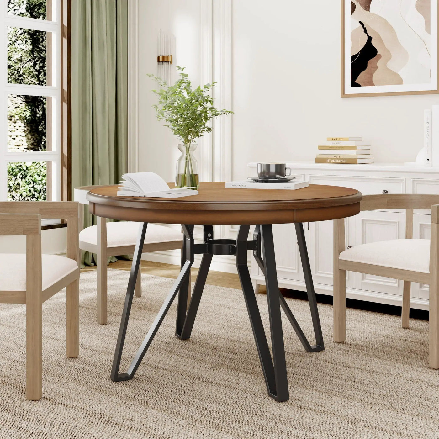 Mid Century Modern Round Dining Table with Metal Legs and Open Shelf by HouseOfZazla
