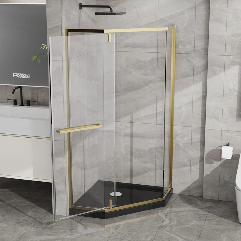 Goodyo - Neo-Angle Frameless Shower Door Corner Enclosure With Acrylic Shower Base Combo, Pivot Shower Door by HouseOfZazla