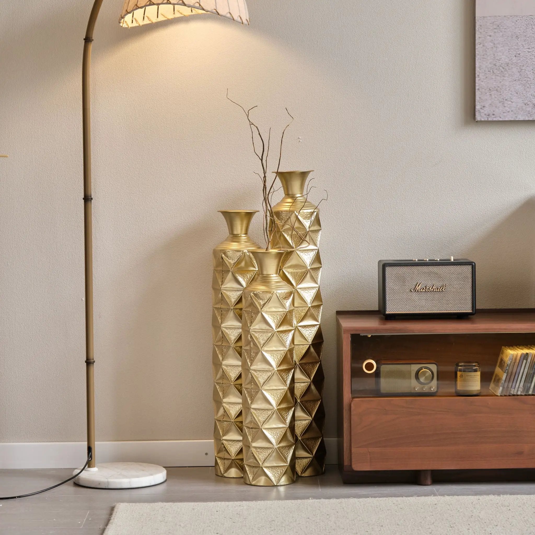 Metal Decorative Vase High Distress Metal Center Vase With 3D Triangle Pattern, (Set of 3) Vases For Home Decoration - Gold by Unique Piece Furniture