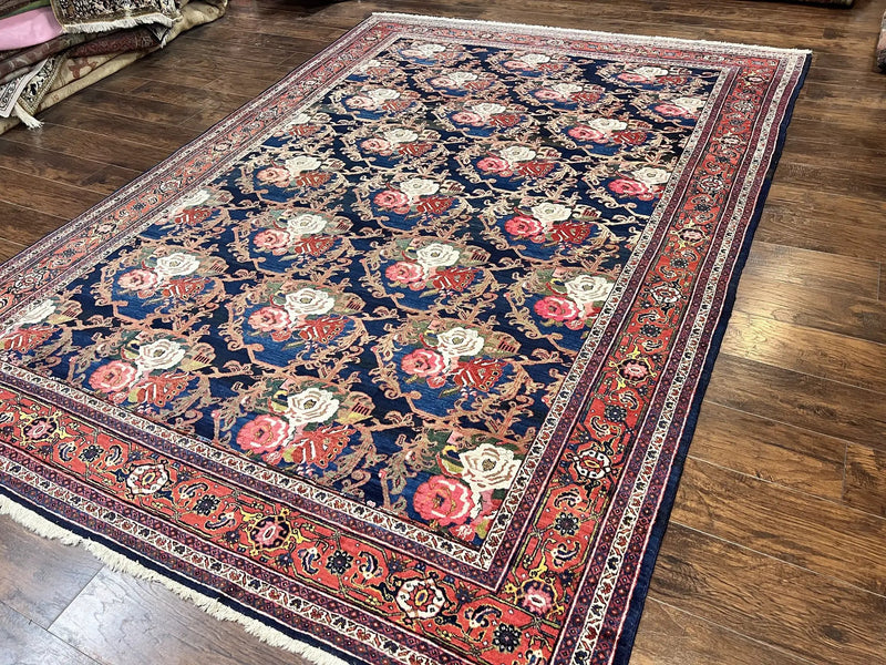 Persian Bidjar Rug 8x11, Floral Bouquets, Blue Black Red Pink, Handmade Hand Knotted Vintage Semi Antique Oriental Carpet by Jewel Rugs