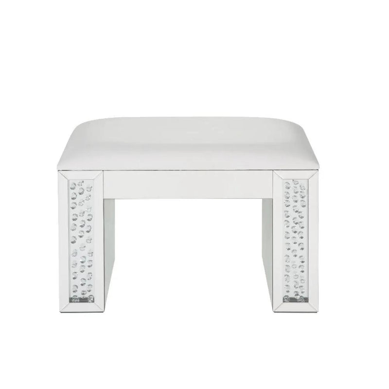 Nysa - Vanity Stool - Ivory Synthetic Leather , Mirrored & Faux Crystals by Unique Piece Furniture