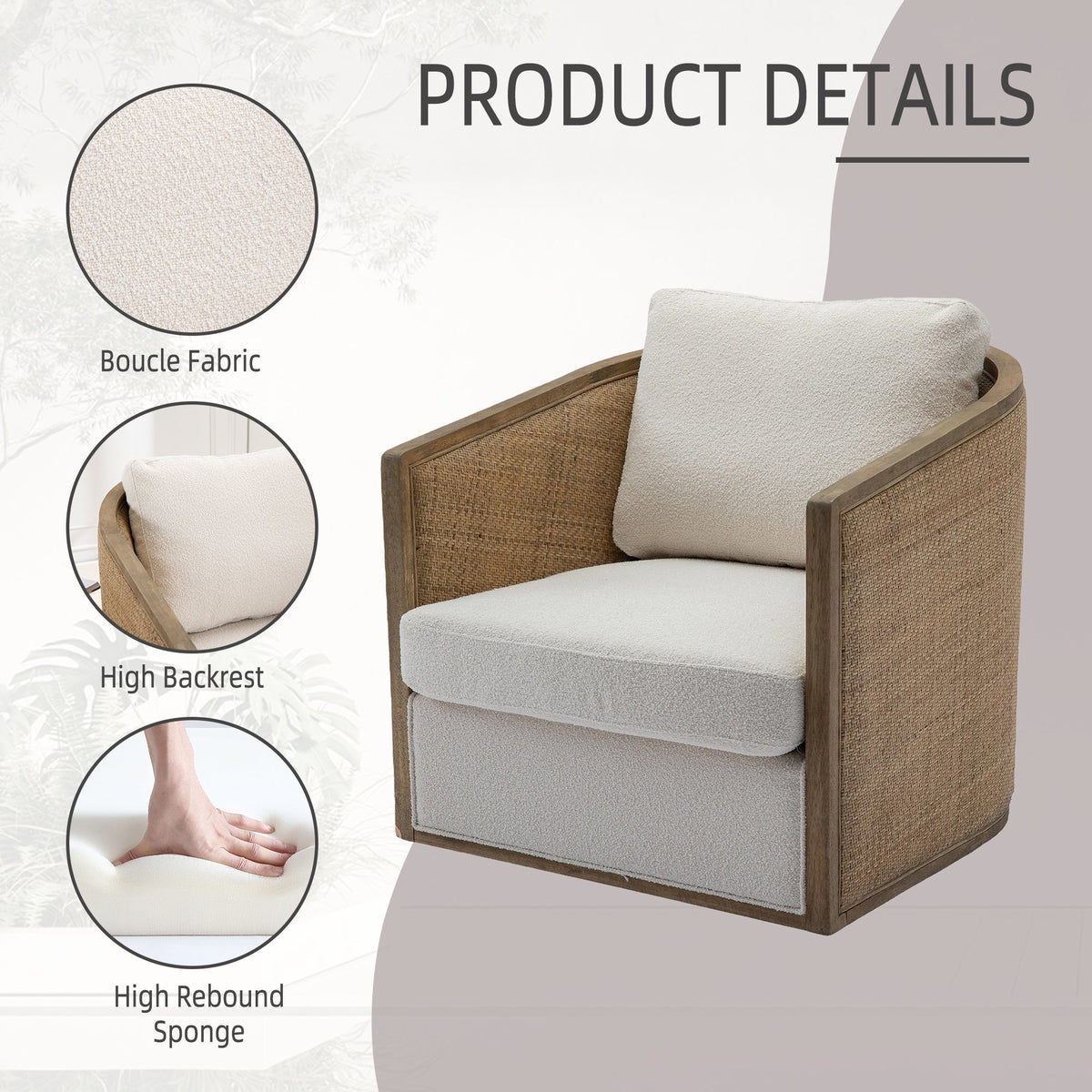 Swivel Barrel Chair, Comfy Round Accent Sofa Chair for Living Room, 360 Degree Swivel Barrel Club Chair, Leisure Arm Chair for Nursery, Hotel, Bedroom, Office, Lounge (Beige Boucle), photo 4 of 10