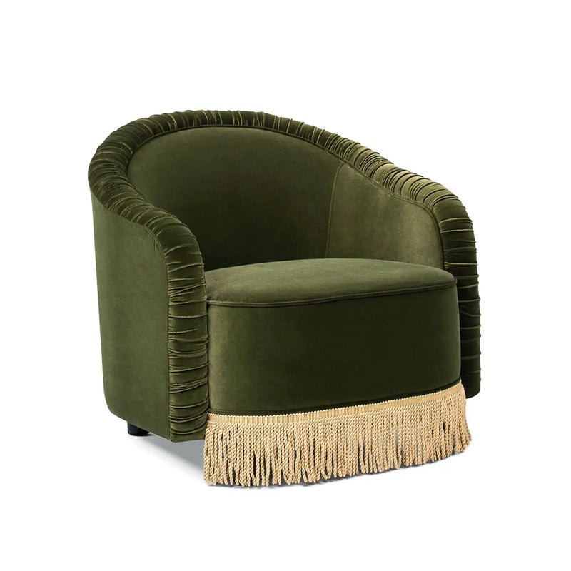 Serena 31.5" Ruched Barrel Back Accent Arm Chair with Bullion Fringe, Olive by HouseOfZazla