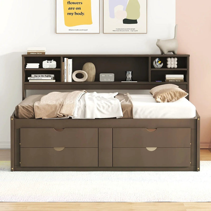 Daybed With 2 Bedside Cabinets, Upper Shelves And 4 Drawers by HouseOfZazla