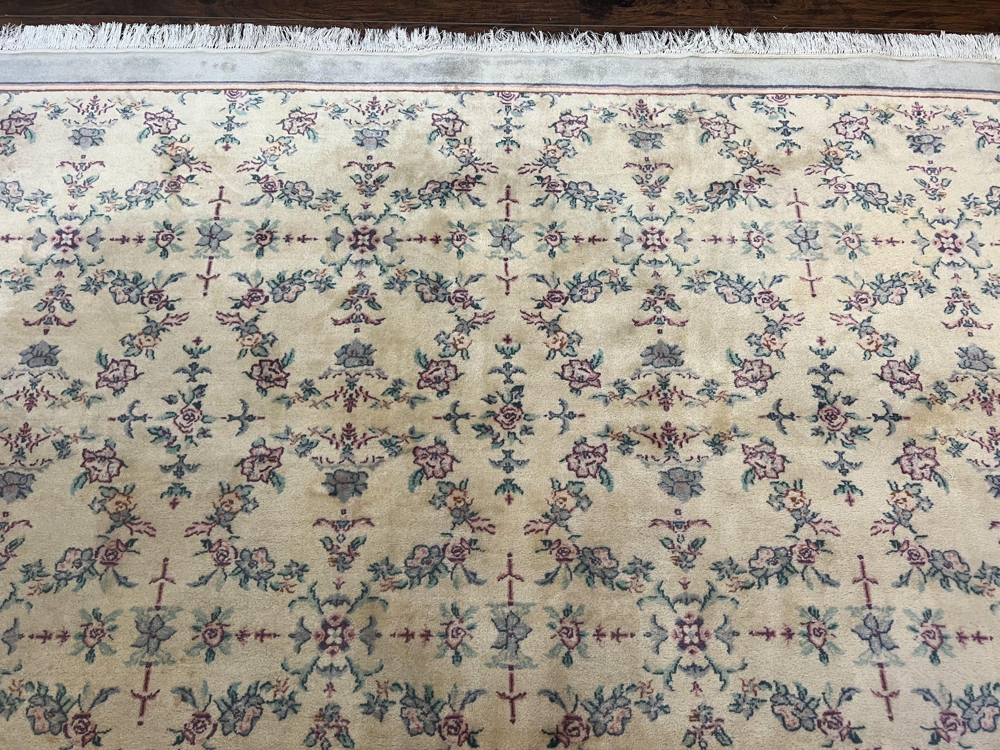 Sino Persian Rug 8x10, Floral, Oatmeal and Light Teal, Handmade Wool Vintage Carpet by Jewel Rugs