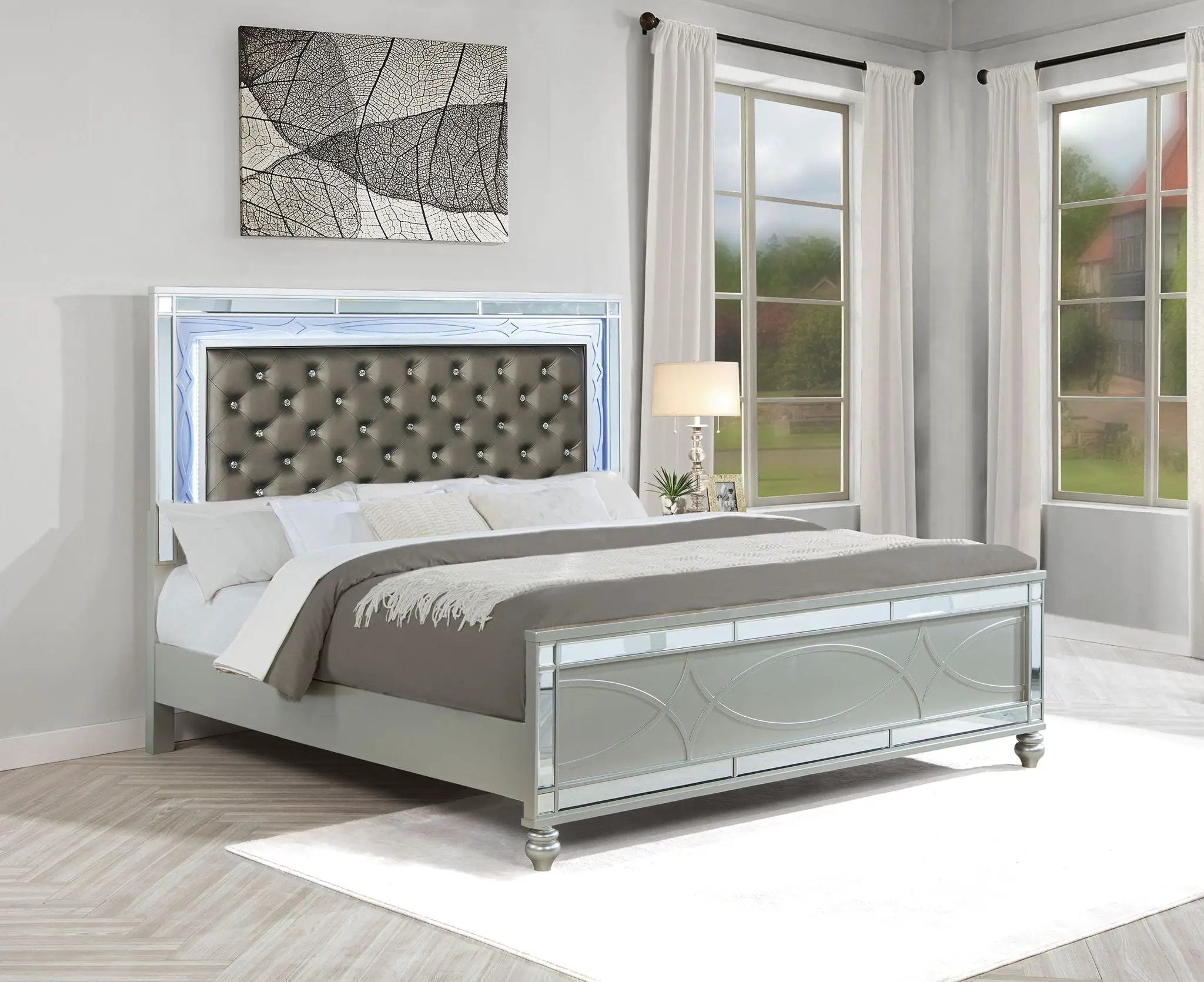 Gunnison Wood Eastern King LED Panel Bed Silver Metallic by Unique Piece Furniture