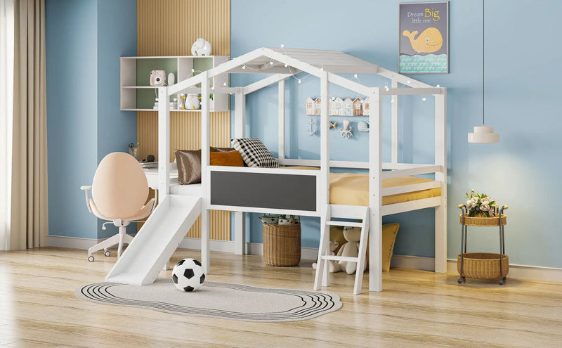 Loft House Bed With Ladder And Slide, With board And Light Strip On The Roof by HouseOfZazla