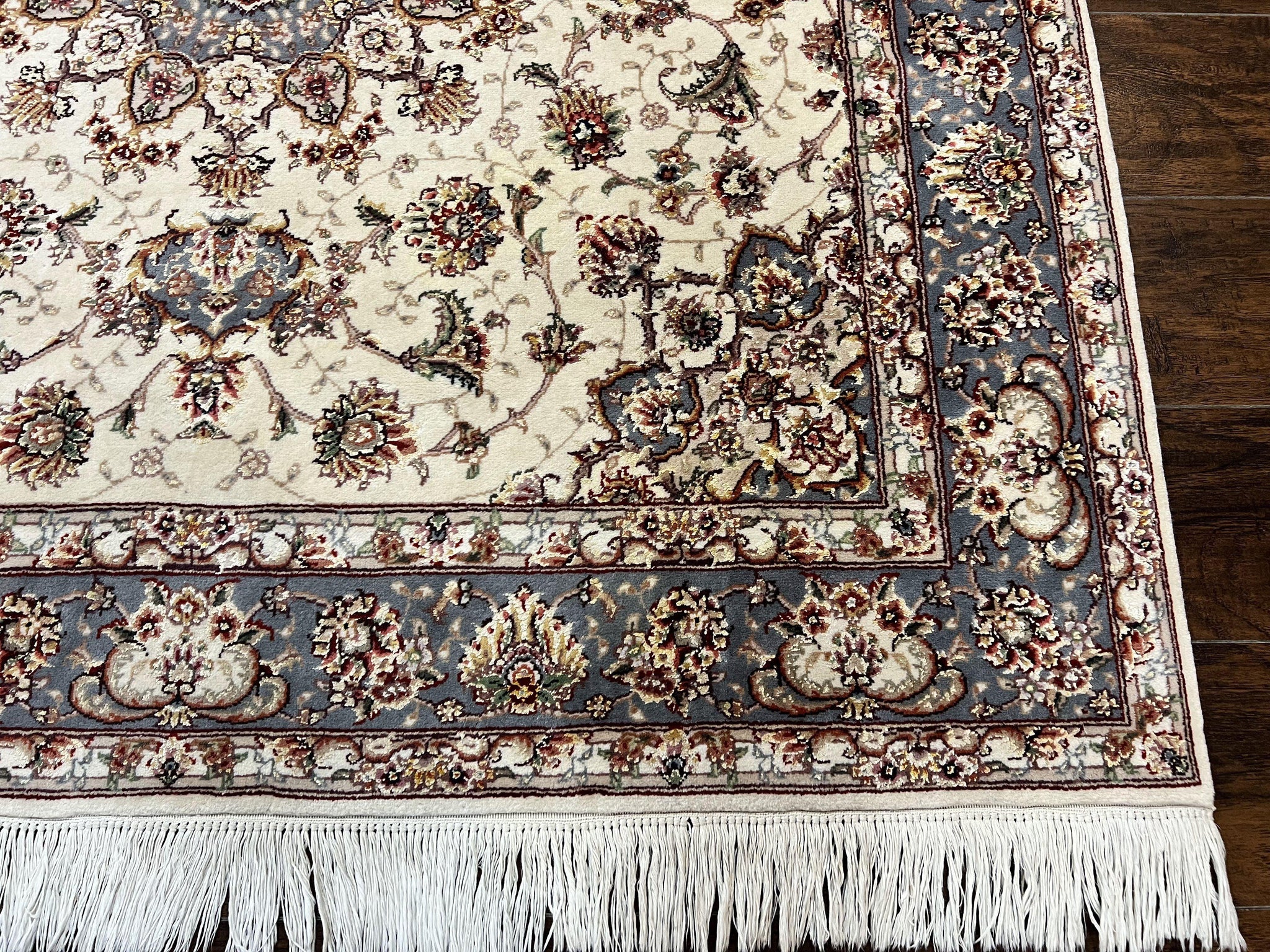 Sino Persian Square Rug 5x5, Very Fine Oriental Carpet, Wool & Silk Highlights, Ivory, Hand Knotted Handmade Vintage Traditional Rug by Jewel Rugs