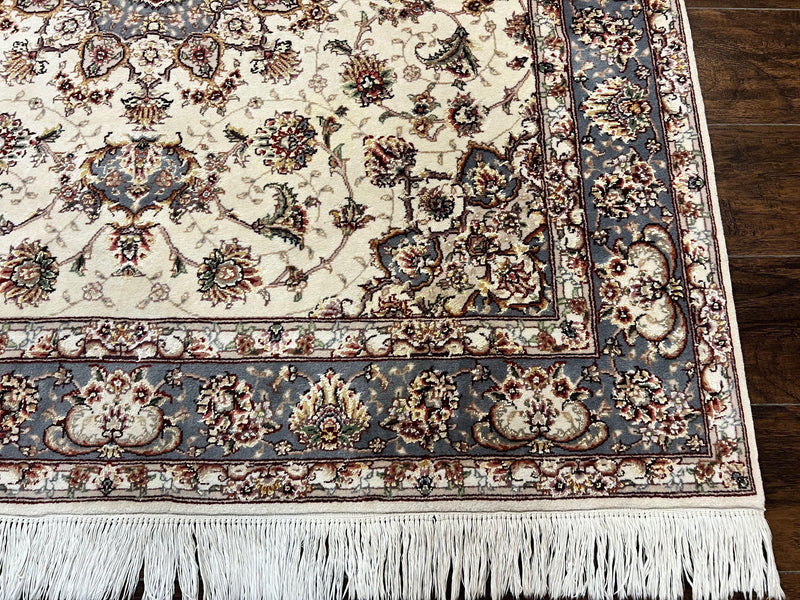 Sino Persian Square Rug 5x5, Very Fine Oriental Carpet, Wool & Silk Highlights, Ivory, Hand Knotted Handmade Vintage Traditional Rug by Jewel Rugs