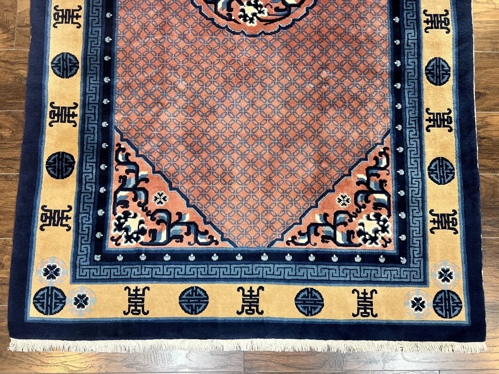 Chinese Peking Rug 5x8, Vintage Semi Antique Chinese Art Deco Carpet, Wool Pile Light Red/Salmon Gold Navy Blue, Handmade Asian Oriental Rug by Jewel Rugs