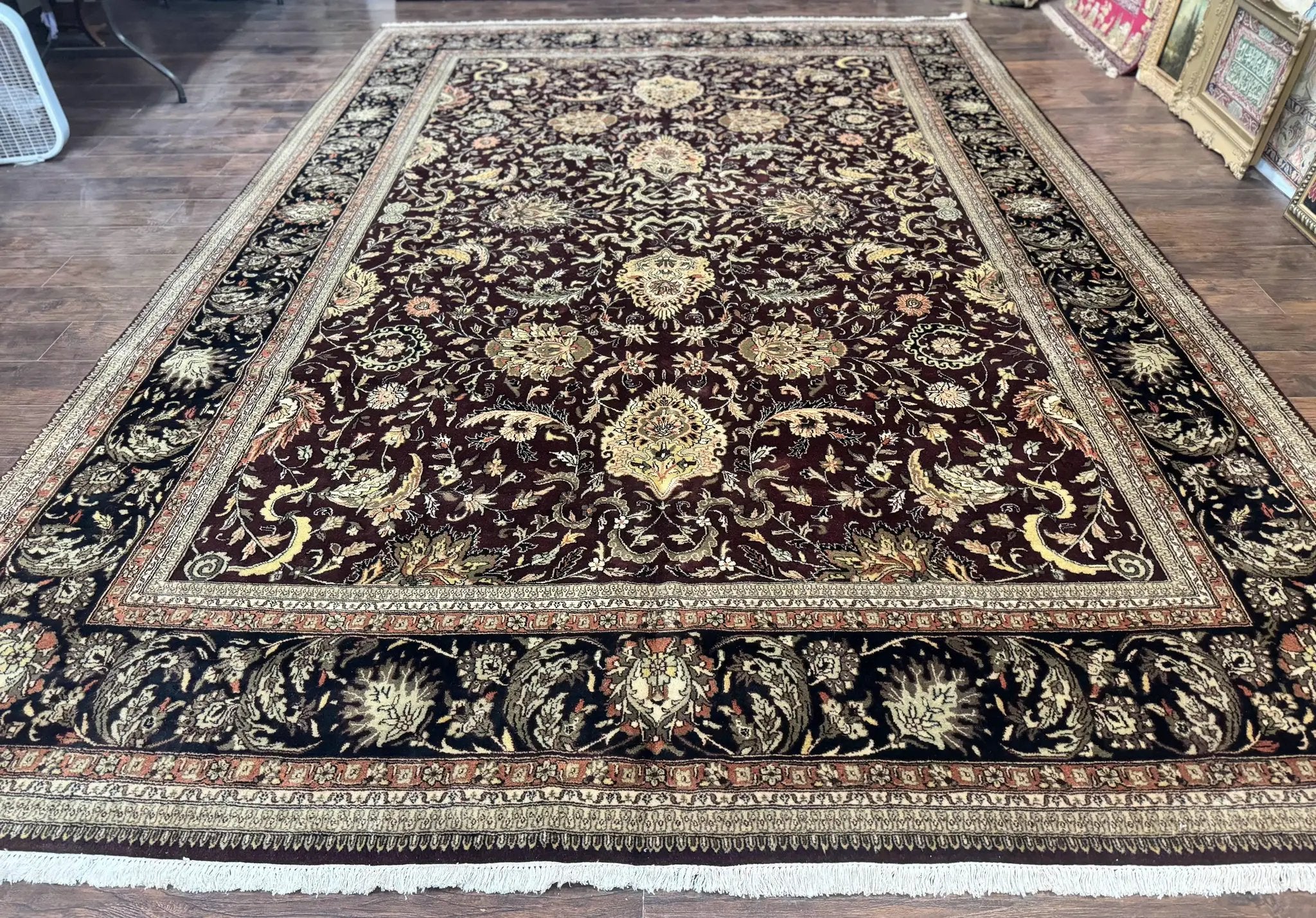 Indo Persian Rug 10x14, Floral Allover, Handmade Vintage Wool Rug, Dark Maroon/Plum and Black by Jewel Rugs