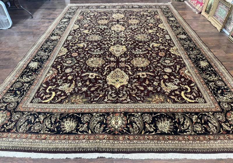 Indo Persian Rug 10x14, Floral Allover, Handmade Vintage Wool Rug, Dark Maroon/Plum and Black by Jewel Rugs