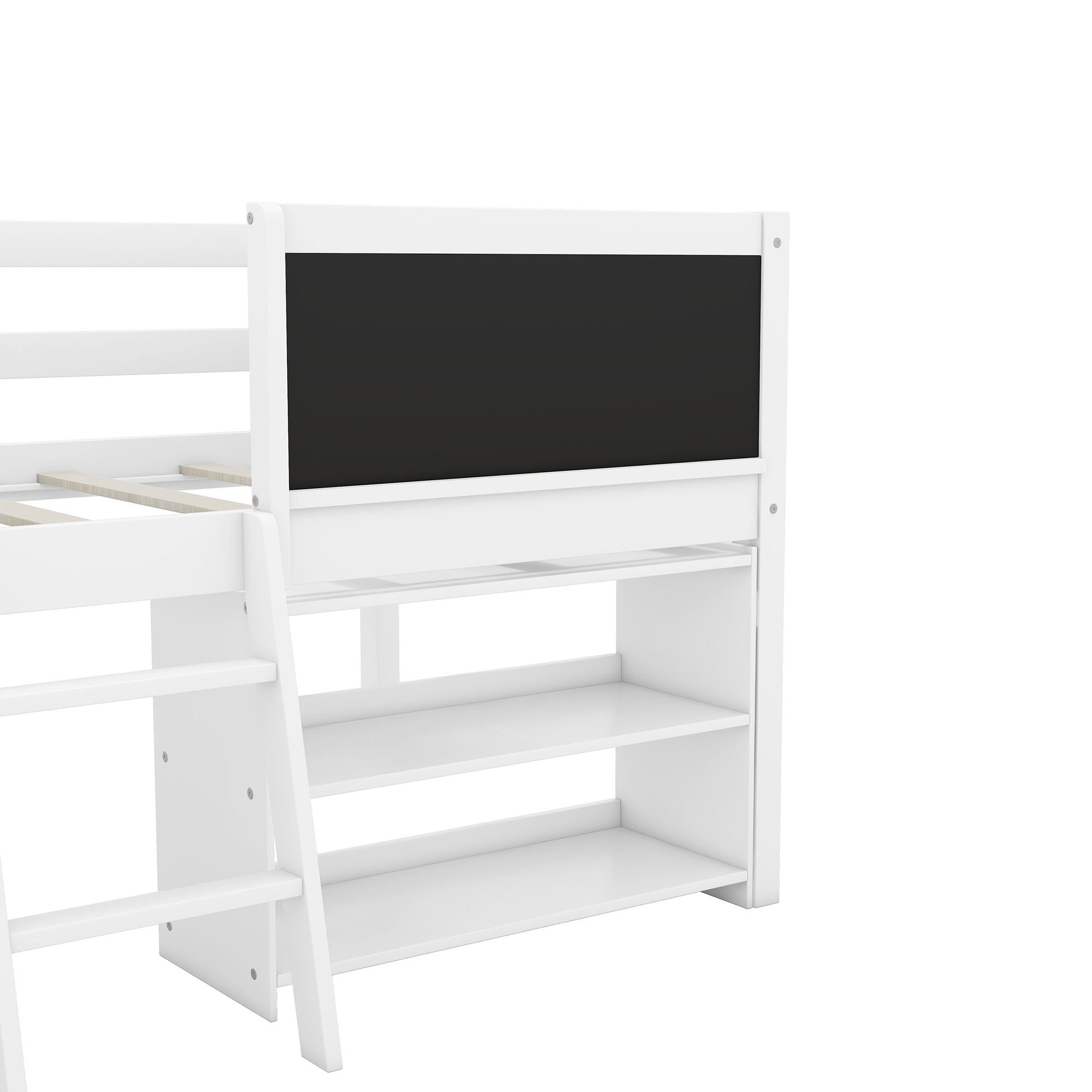 Low Loft Bed With Movable Shelves And Ladder, Decorative Chalkboard Guardrail by HouseOfZazla