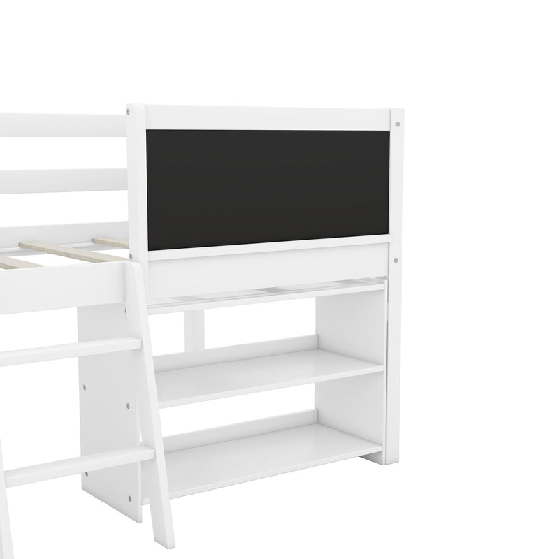 Low Loft Bed With Movable Shelves And Ladder, Decorative Chalkboard Guardrail by HouseOfZazla