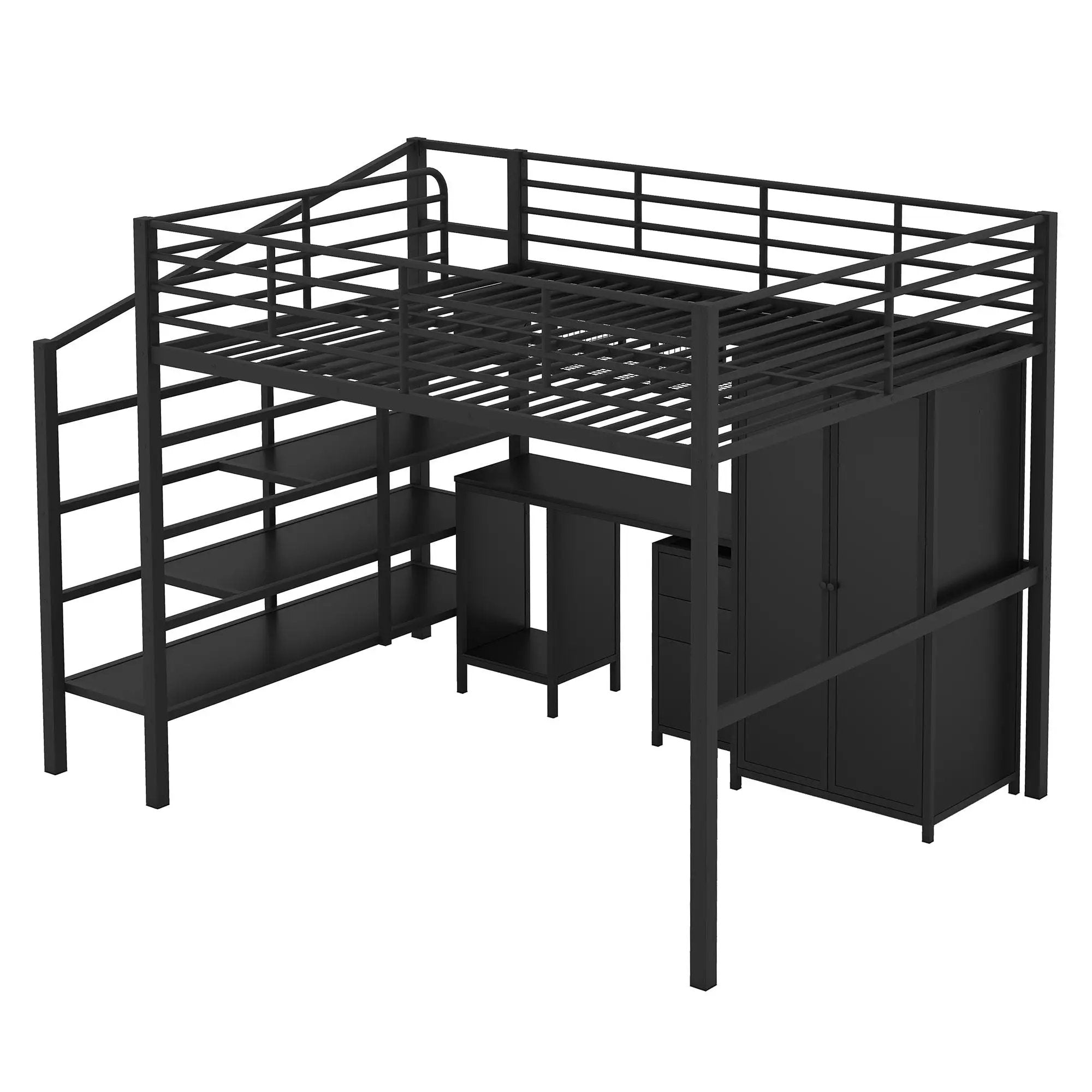 Full Size Loft Bed With Desk Set And Wardrobe - Black by HouseOfZazla