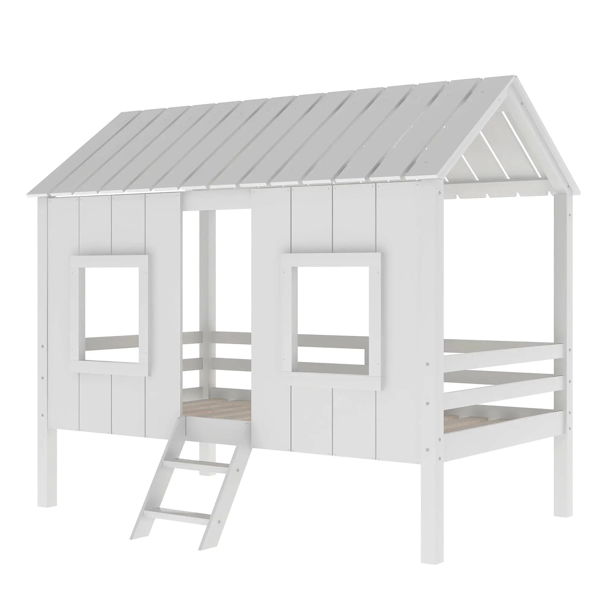 Twin Size Low Loft House Bed With Roof And 2 Front Windows - White by Unique Piece Furniture