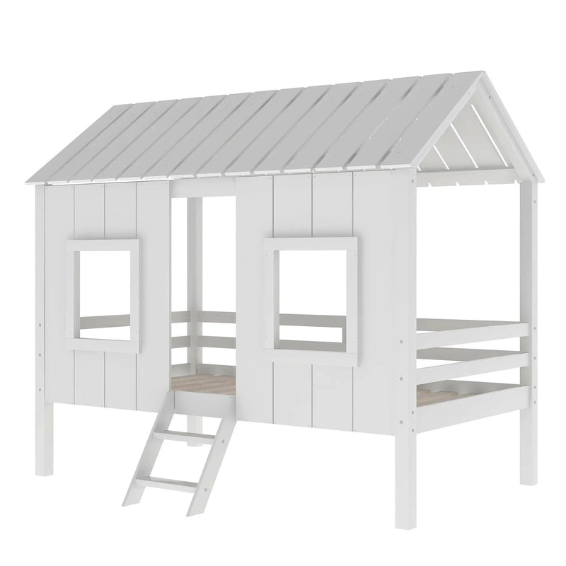 Twin Size Low Loft House Bed With Roof And 2 Front Windows - White by HouseOfZazla