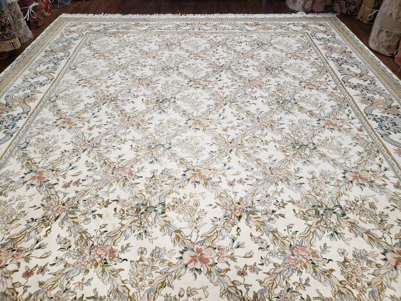 Pak Persian Floral Rug 11 x 12.6, Ivory, Very Fine, Hand Knotted by Jewel Rugs