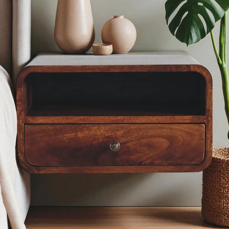 Large Floating Bedside, Curve Open Upper Slot, 1 Drawer, Chestnut by HouseOfZazla