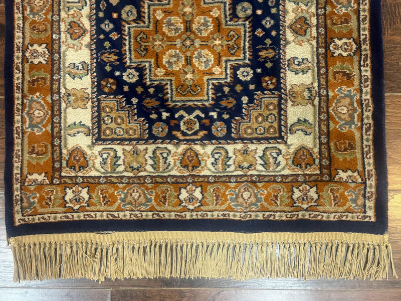 Indo Persian Runner Rug 2.6 x 12.7, Indian Kashmiri Runner for Hallway or Kitchen, Navy Blue, Geometric Medallions, Handmade Wool by Jewel Rugs