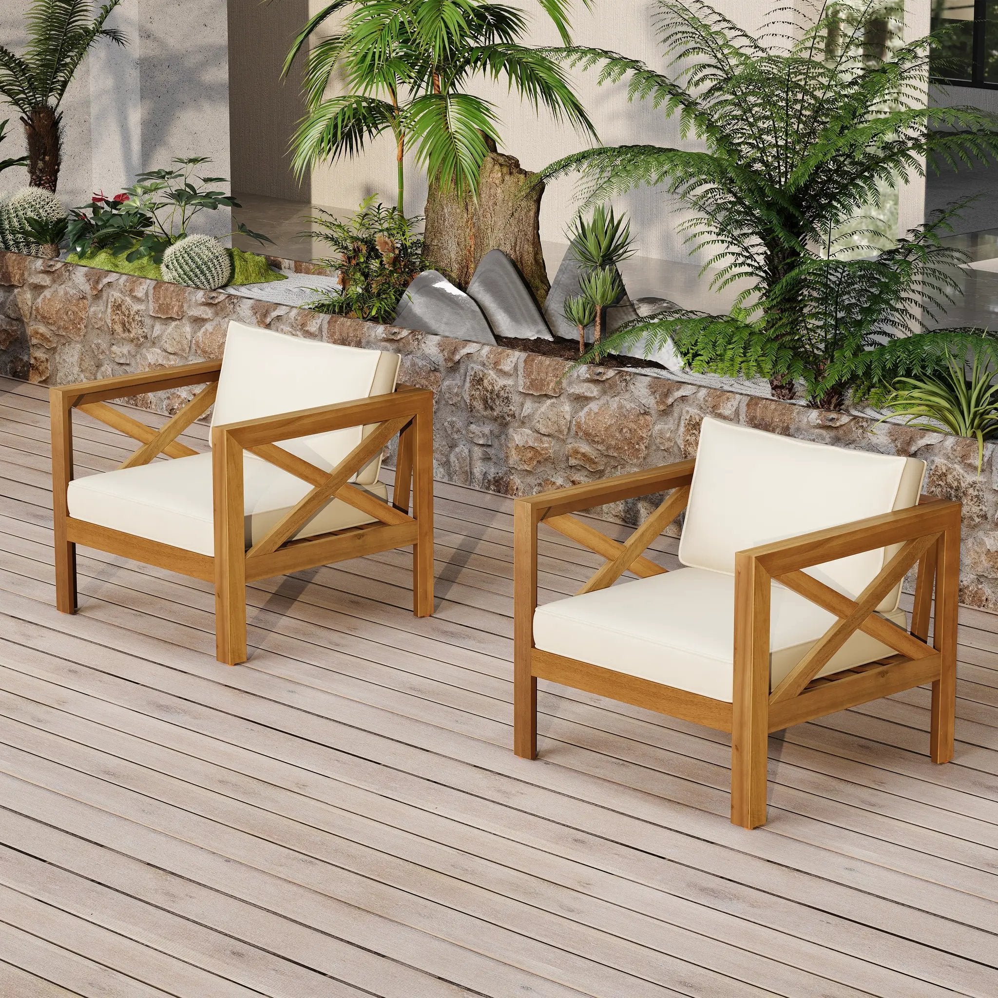 Outdoor Acacia Wood Club Armchair with Cushions (Set of 4) by HouseOfZazla