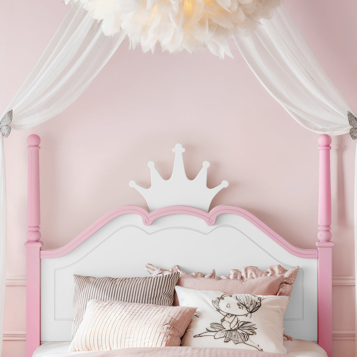 Full Size Crown Shaped Platform Bed, Four Poster Stylish Wooden Bed Frame, Elegant Curved Headboard Bed Frame For Bedroom,White&Pink, photo 5 of 10