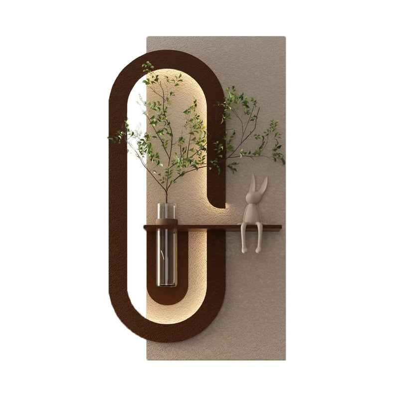 Adjustable LED Sandstone Wall Decor With Simulated Plants 3D Art Sculpture, Glass Vase & Rabbit Statue, Remote Control - Light Coffee by HouseOfZazla
