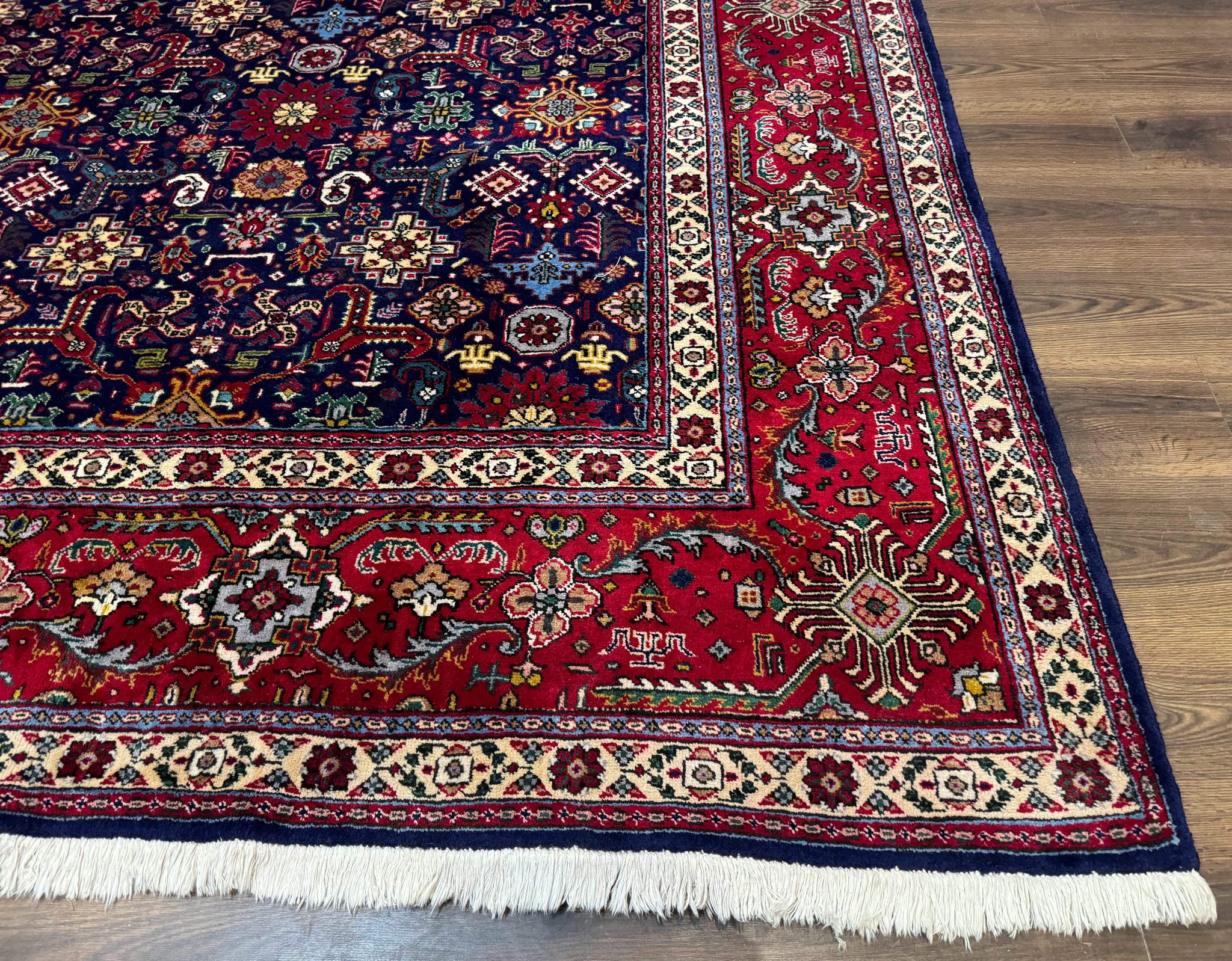 Large Persian Tabriz Rug 10x16, Navy Blue and Red, Allover Pattern, Vintage Hand Knotted Wool Carpet by Jewel Rugs
