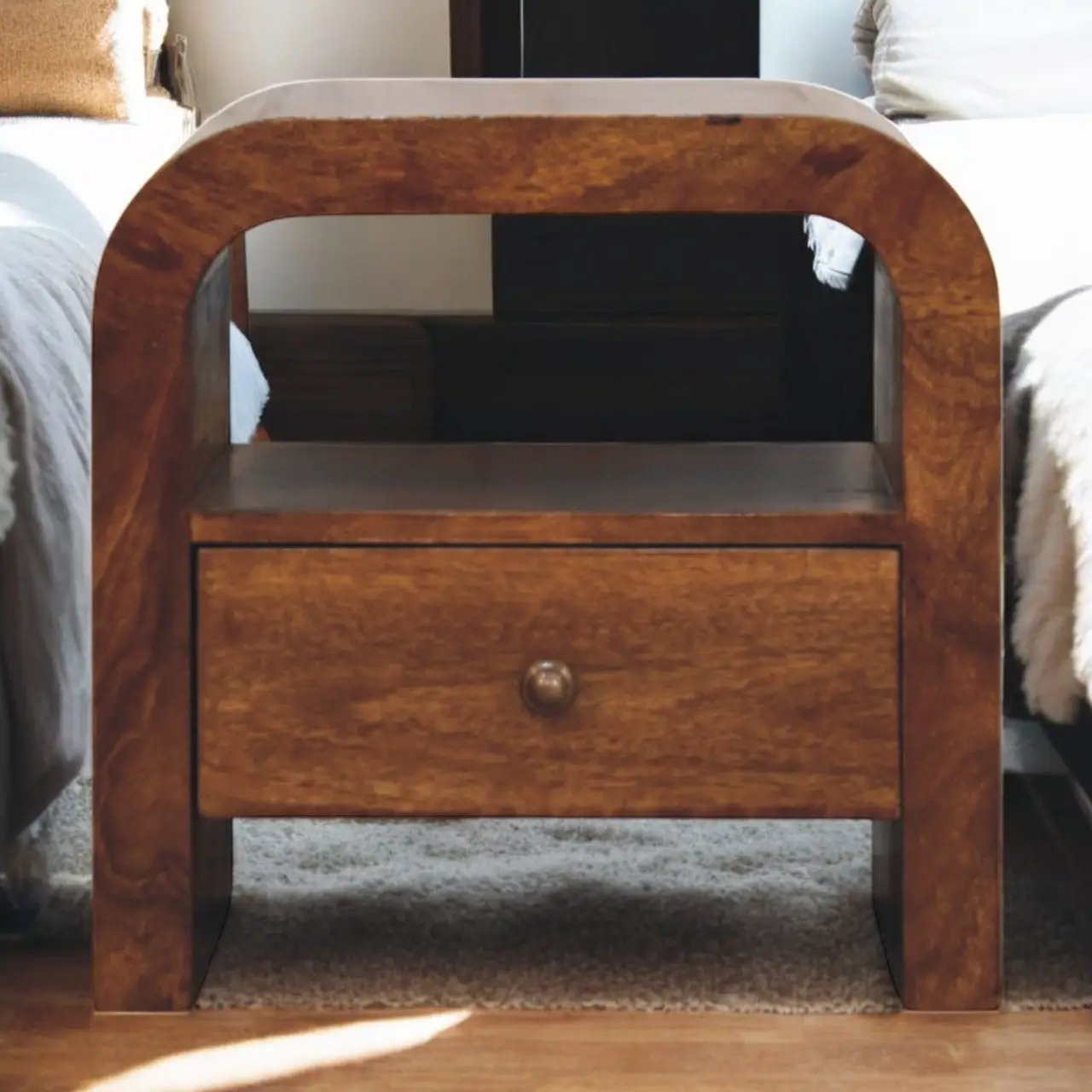 Solid Wood Darcy Nightstand, 1 Drawer and Open Shelf, Chestnut by HouseOfZazla